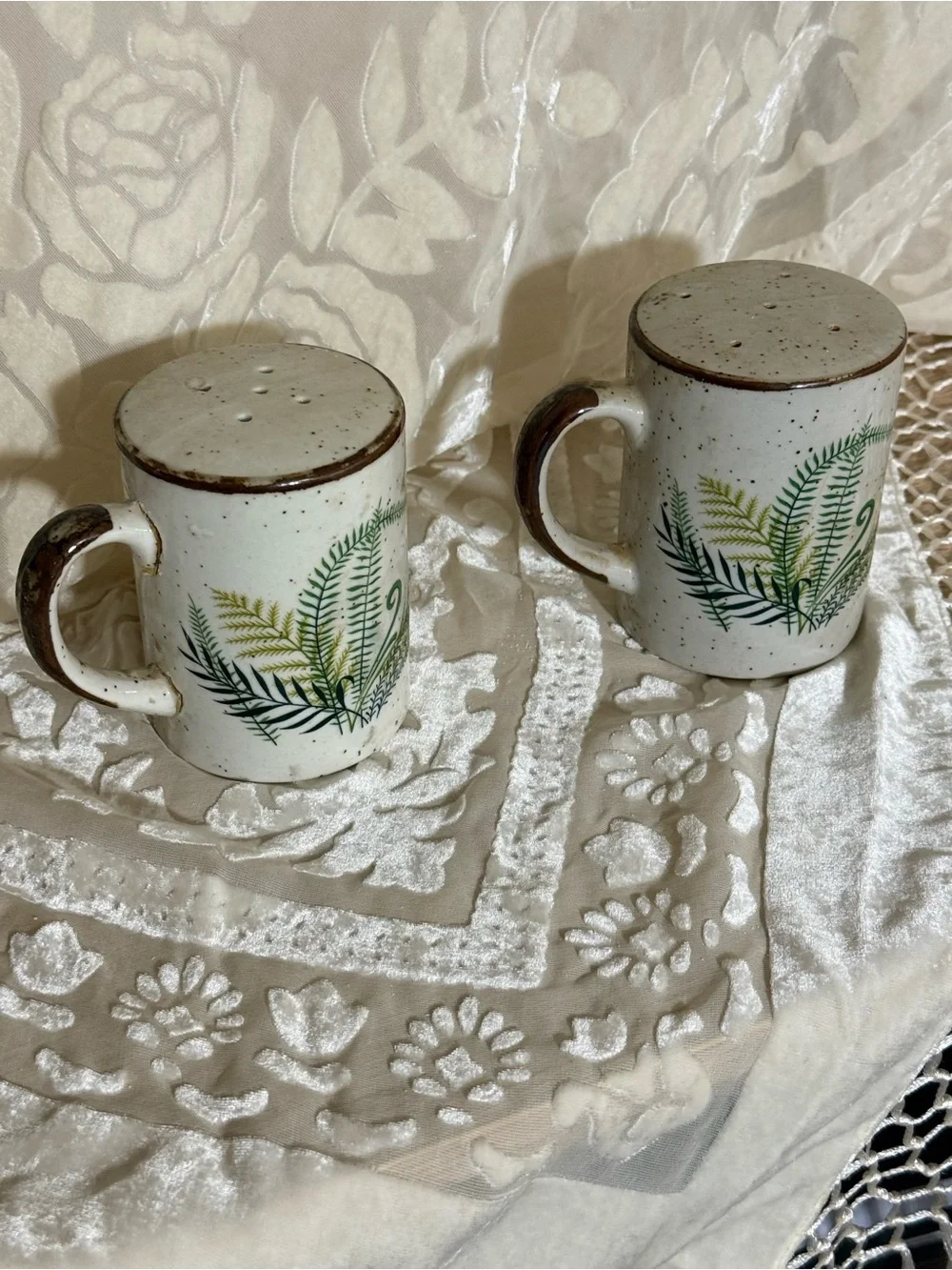 Vintage Otagiri Salt and Pepper Set: Speckled Glaze Stoneware with Ferns